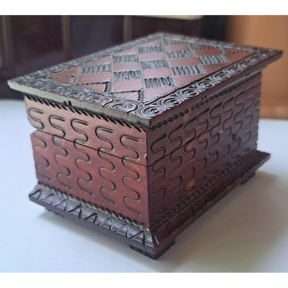 Vintage Wooden Hand Carved Polish Trinket Jewelry Storage Box Made In Poland